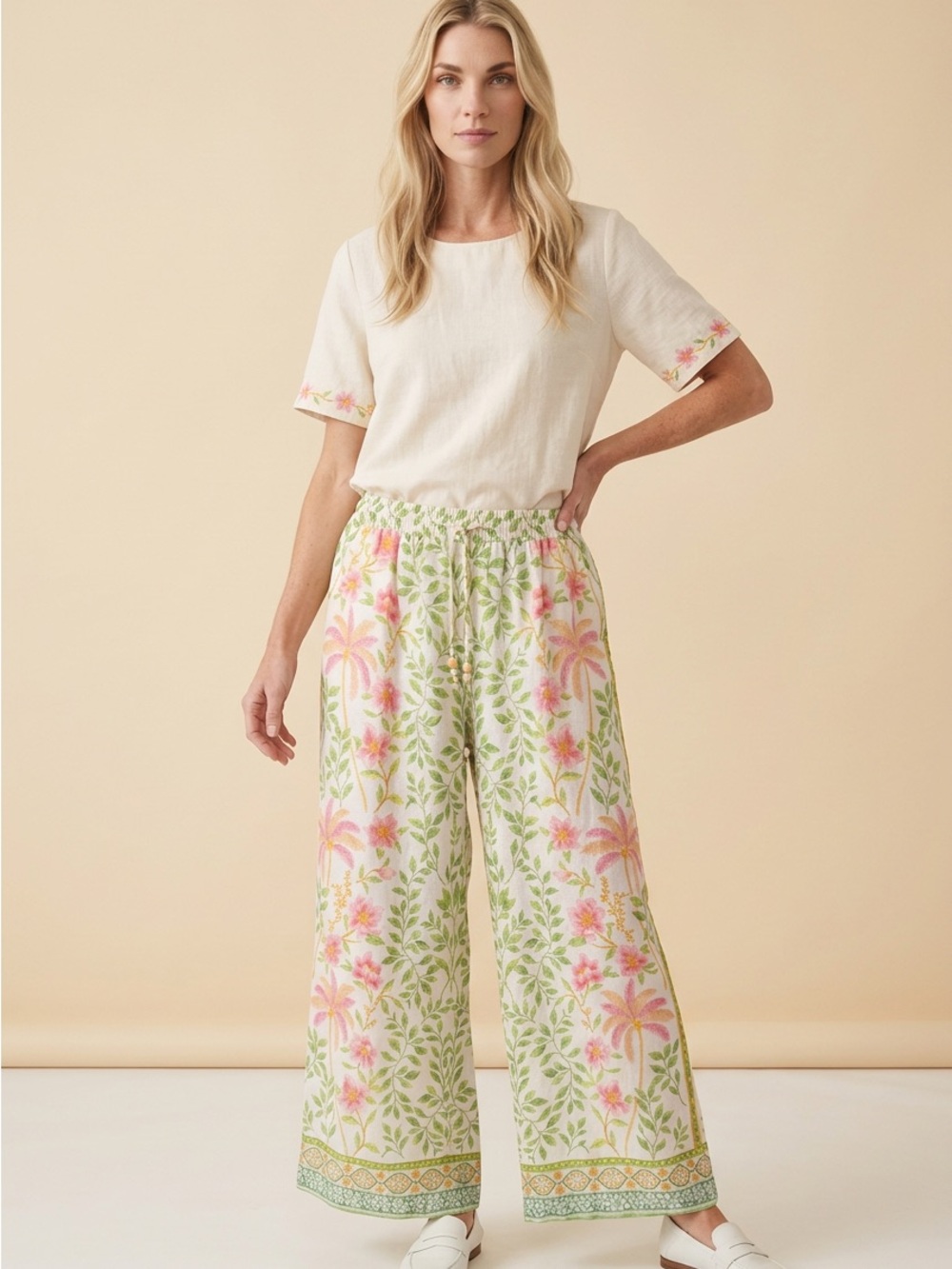 Rachel Zoe Floral Wide-Leg Linen-Blend Pants in Pink & Green